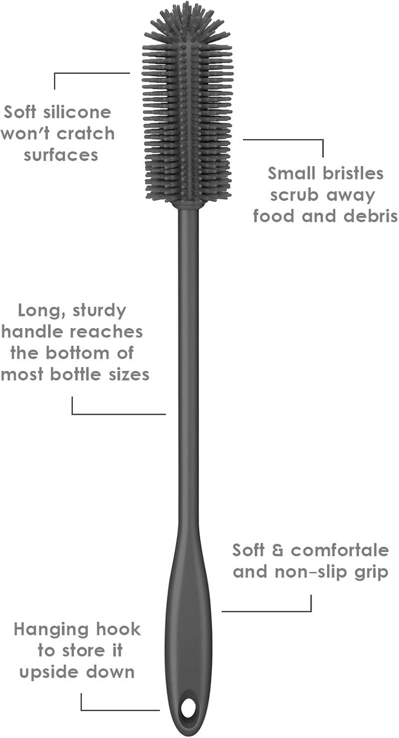 Purtribe Silicone Bottle Brush, Water Bottle Cleaner Brush with Long Handle, Perfect for Cleaning Narrow Neck Containers, Vacuum Sports Bottle, Tumblers, Flask, Glassware (1 Pack, Charcoal) - Image 4